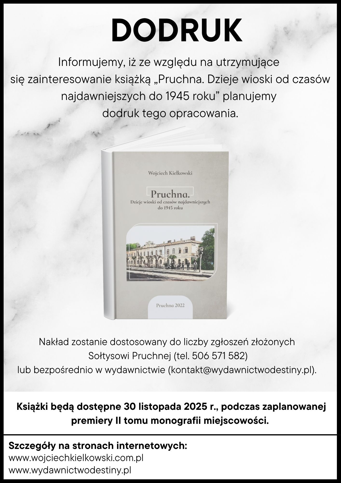 Informacja o planowanym dodruku książki Pruchna. Dzieje wioski od czasów najdawniejszych do 1945 roku